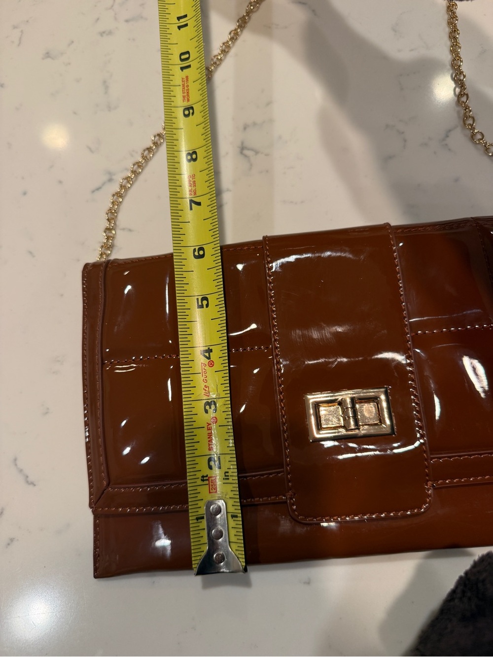 LIKE DREAMS BROWN COGNAC FAUX PATENT LEATHER CLUTCH EVENING PURSE GOLD CHAIN - Picture 12 of 13
